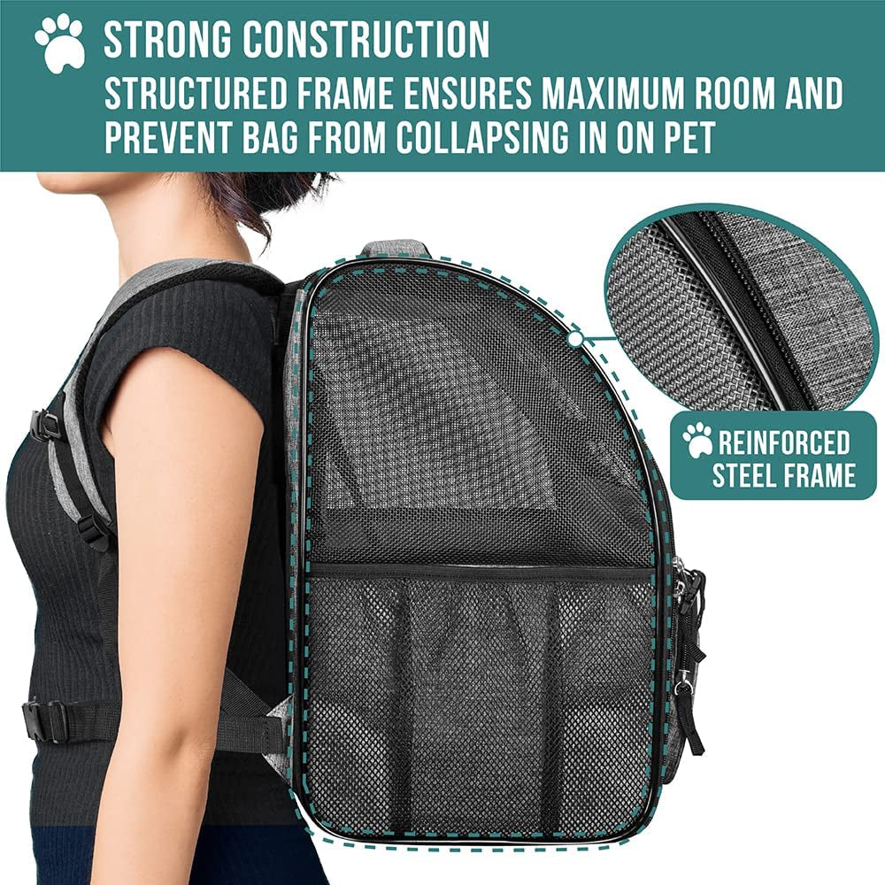 Deluxe Pet Carrier Backpack for Small Cats and Dogs, Puppies | Ventilated Design, Two-Sided Entry, Safety Features and Cushion Back Support | for Travel, Hiking, Outdoor Use (Heather Gray)