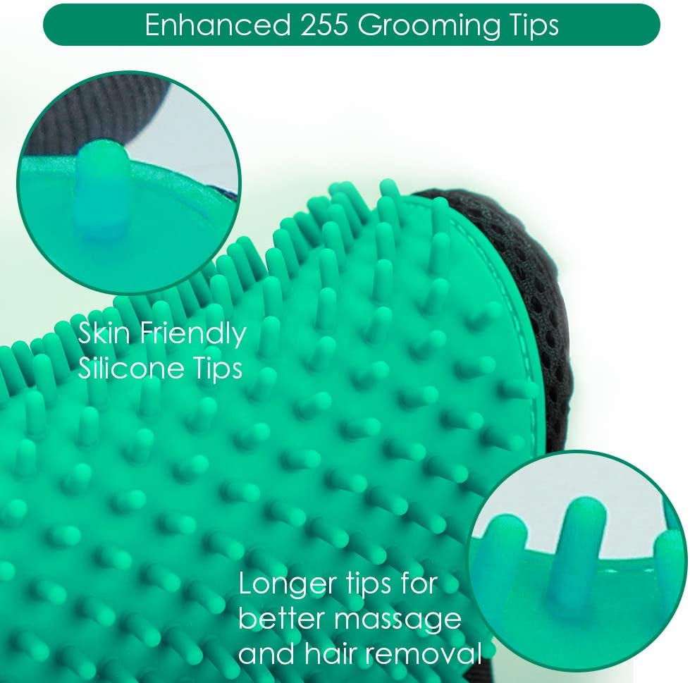 Pet Hair Remover Gloves, Enhance Pet Grooming Glove with 255 Tips, Deshedding Glove for Dog and Cat, 1 Pair Left & Right Gentle De-Shedding Glove Brush, Green